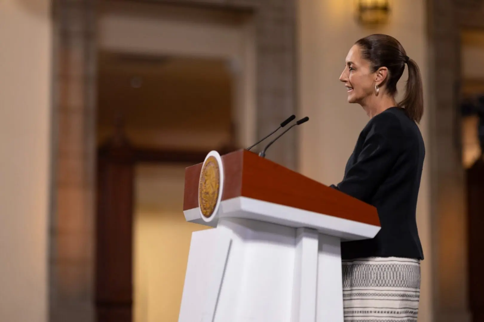 Woman delivering speech at podium in hall