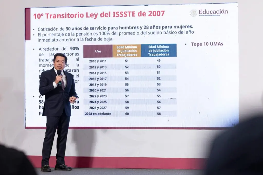 Presenter explaining the 2007 ISSSTE transit law with a detailed slide.