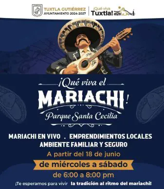 A poster advertising a mariachi event with a musician in traditional attire.