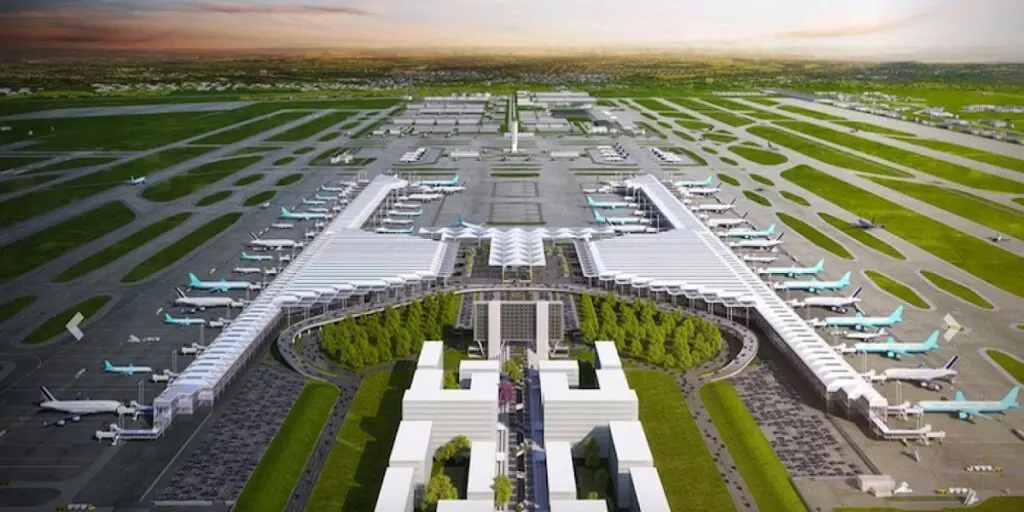 Aerial sunset view of sprawling airport terminal