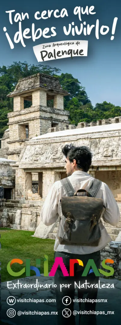 Man exploring ancient ruins in Chiapas, Mexico.