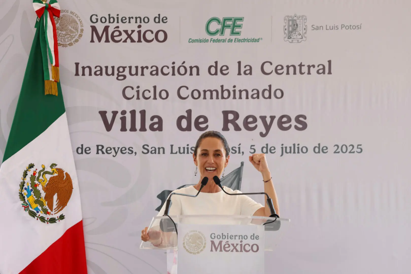 Presidenta Claudia Sheinbaum durante la inauguración de la Central de Ciclo Combinado Villa de Reyes, en San Luis Potosí, el 5 de julio de 2025.
