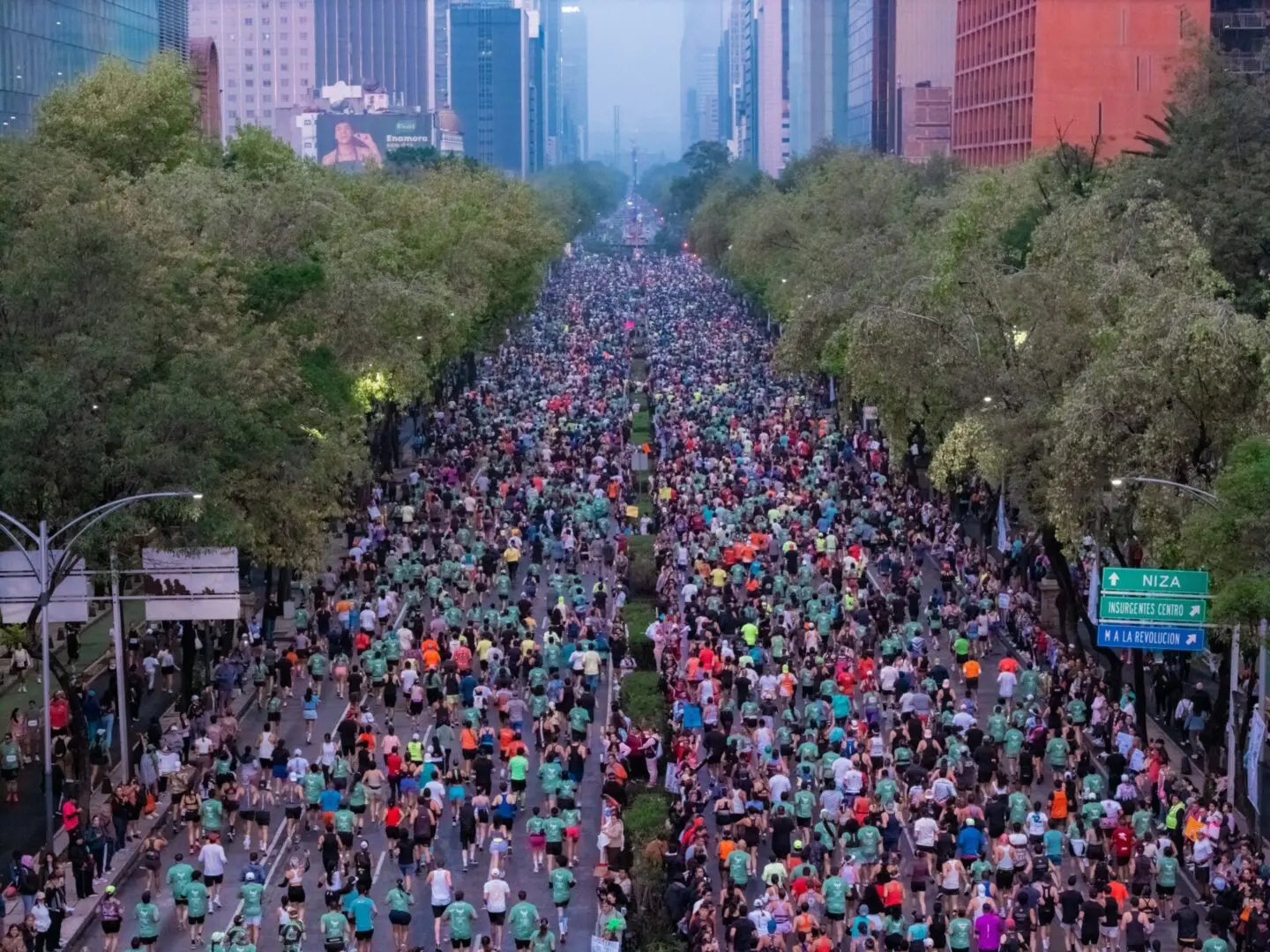Aerial view of crowded city marathon runners