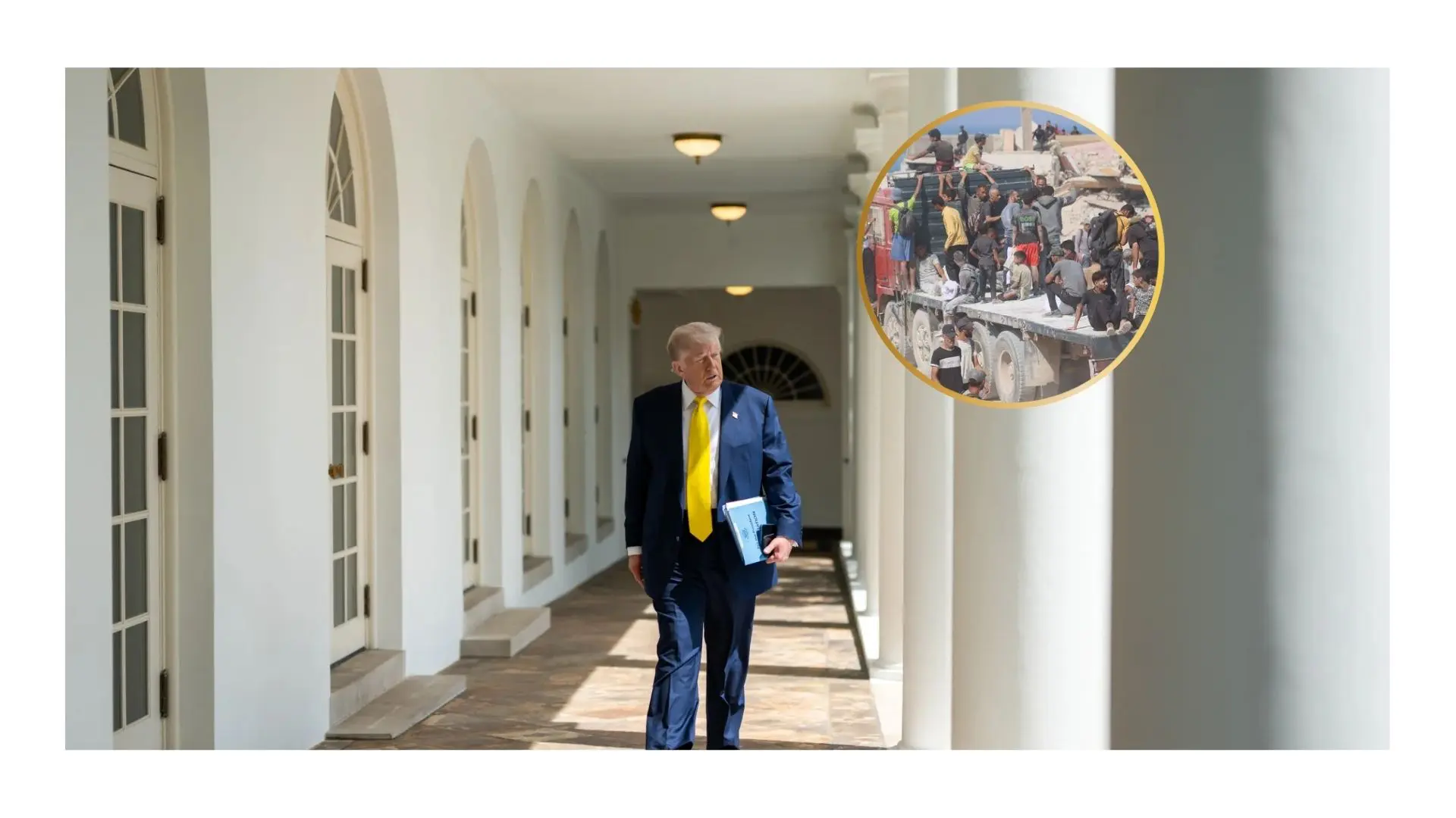 Donald Trump camina por la Casa Blanca con imagen de Gaza en recuadro