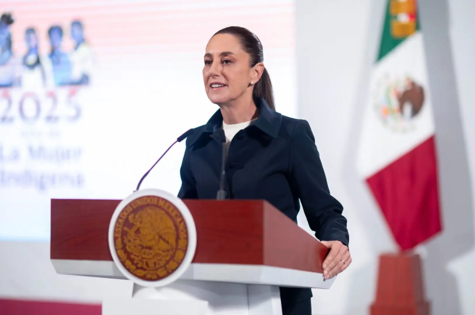 Person speaking at podium with Mexican flag.