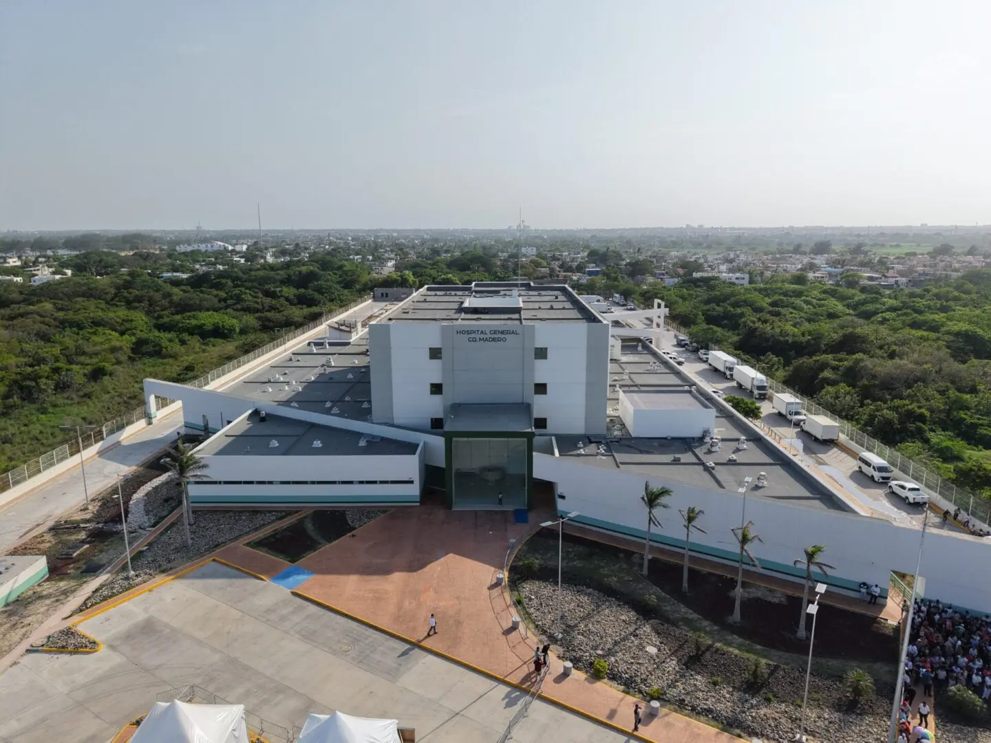Aerial view of modern hospital building.