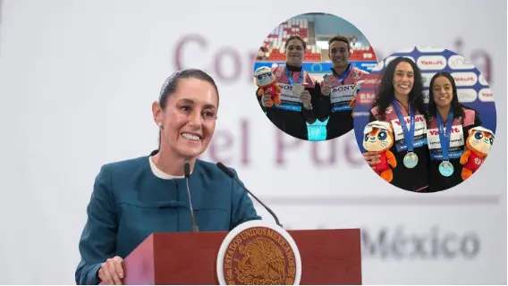 Woman speaking at podium with medalists inset