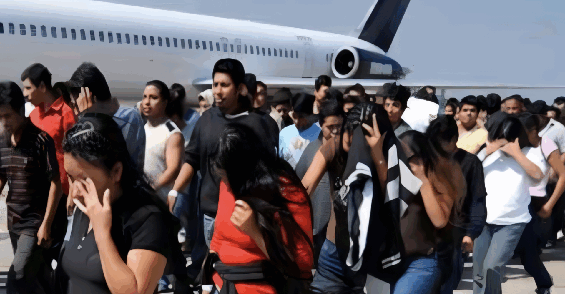 Grupo de migrantes mexicanos repatriados descendiendo de un avión en México