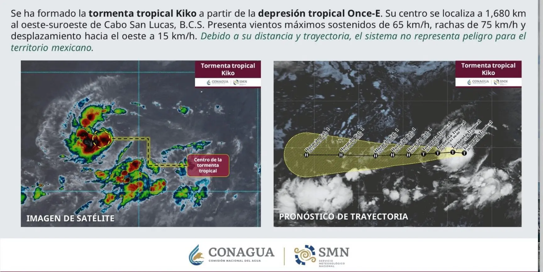 Imagen satelital de la tormenta tropical Kiko difundida por Conagua