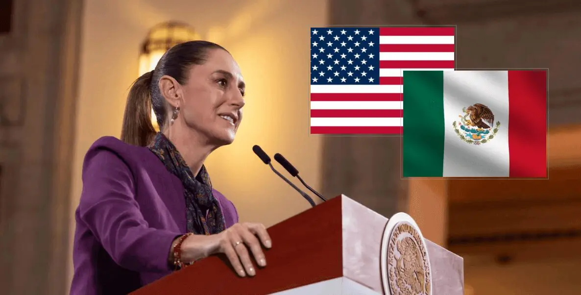 Sheinbaum y banderas de México y Estados Unidos en cooperación de seguridad