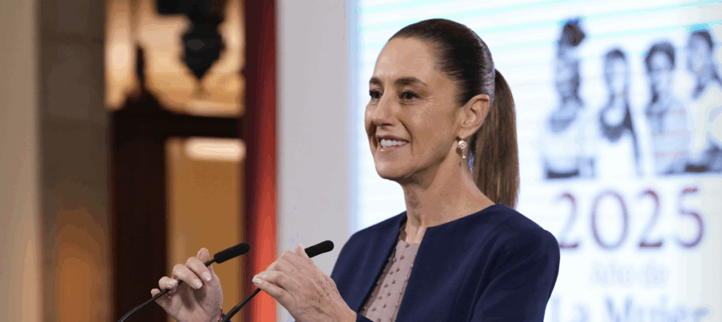 Smiling woman speaking at podium during presentation