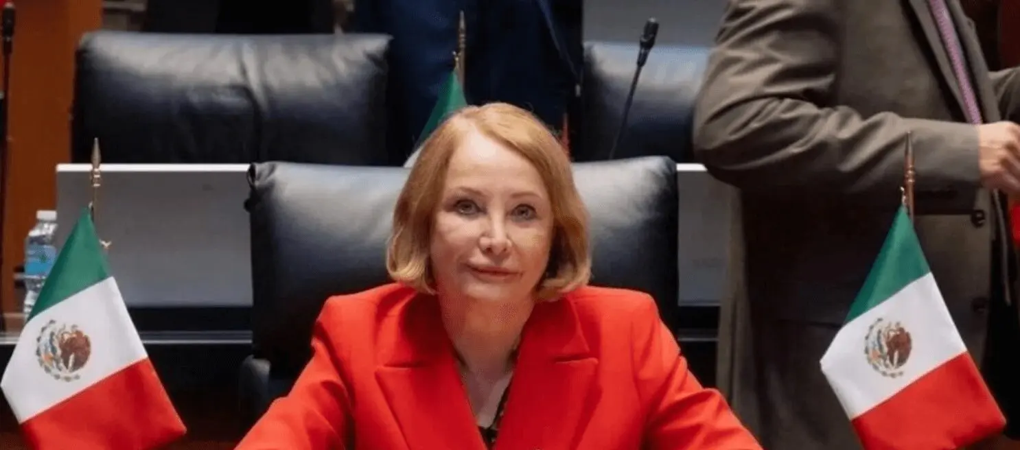 Woman seated between two Mexican flags.
