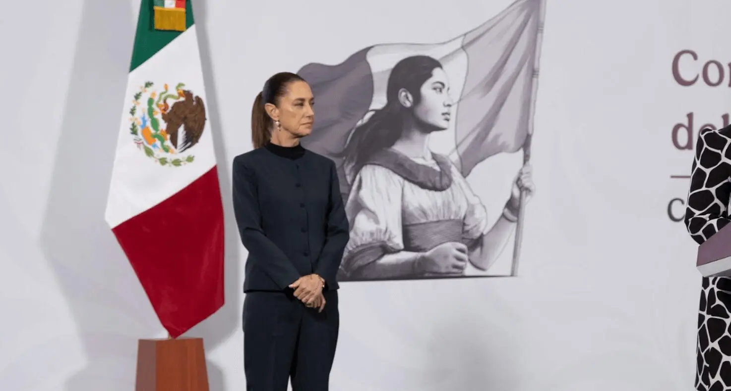 Woman beside Mexican flag and female portrait