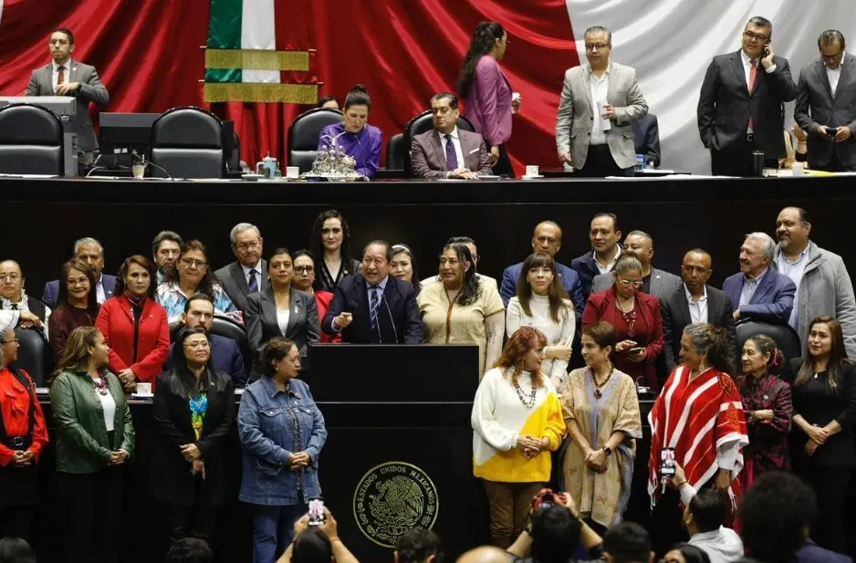 Diverse lawmakers and officials gathered at podium