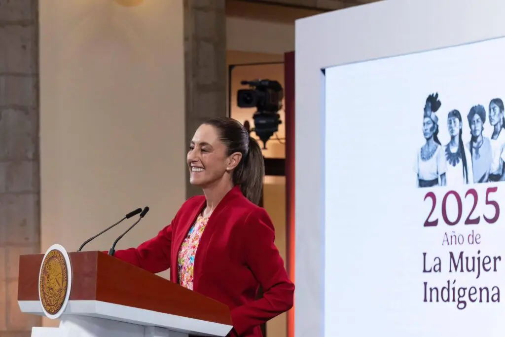 Woman speaking at podium by Indigenous women poster