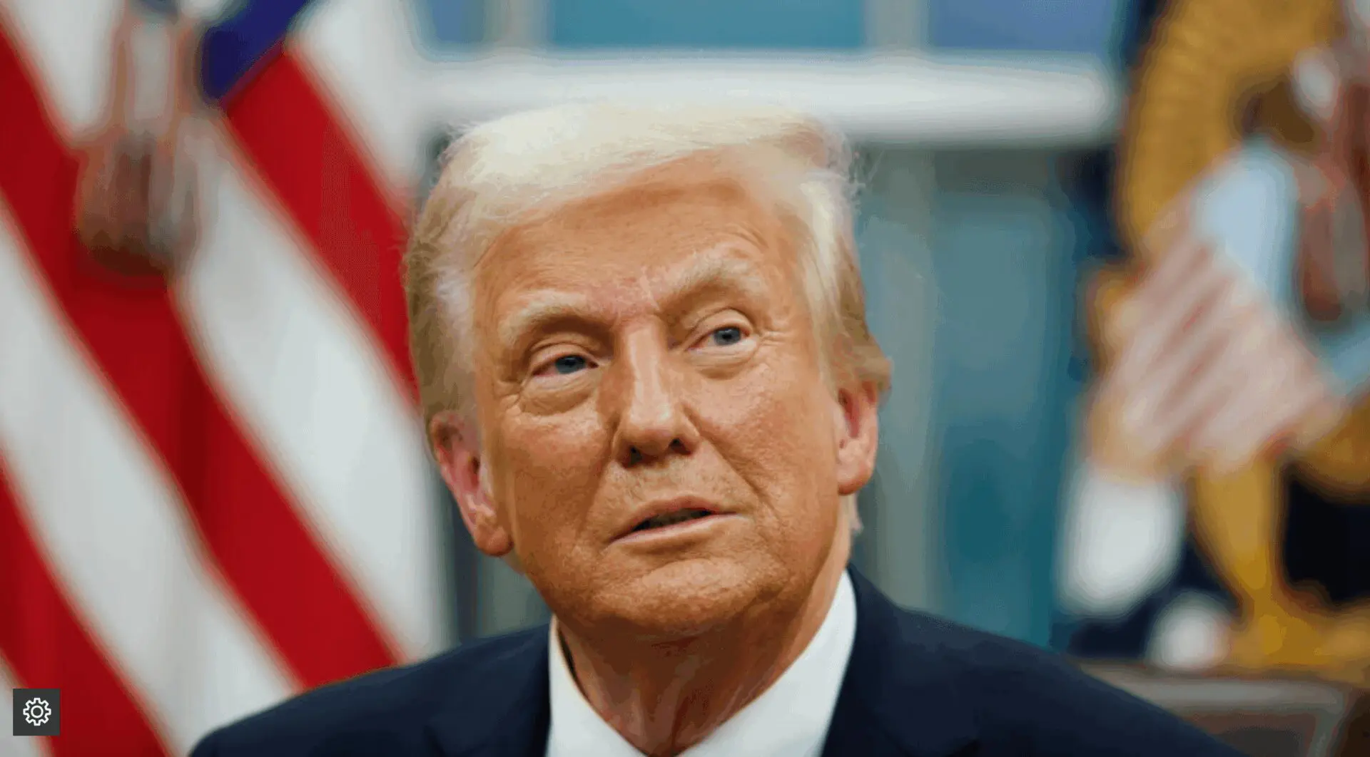Man in suit with flags in background