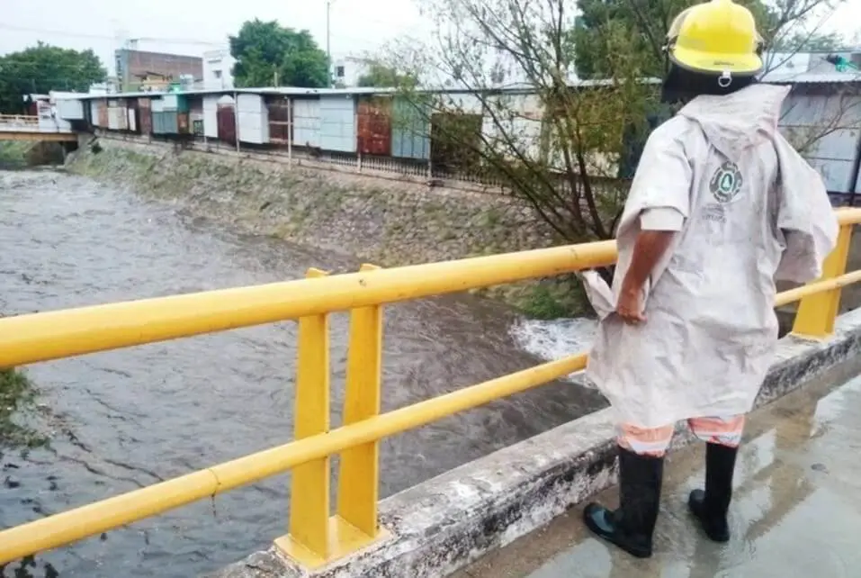 Worker in hard hat on bridge overlooking river