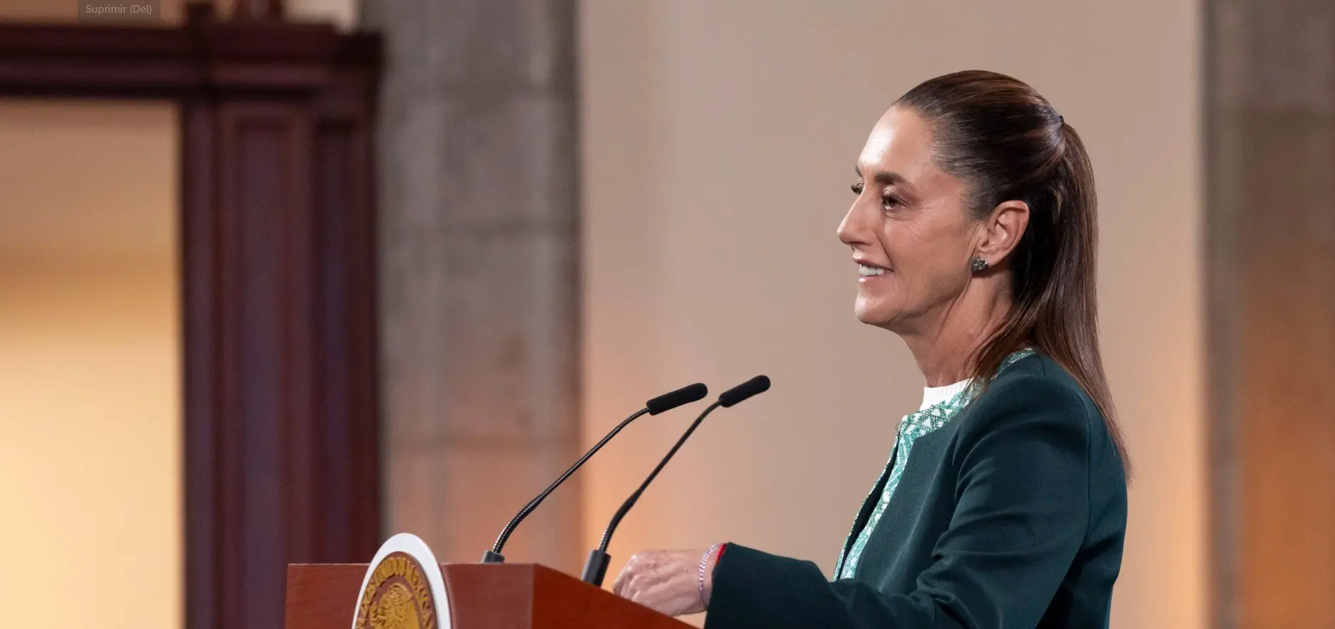 Woman speaking at lectern with dual microphones