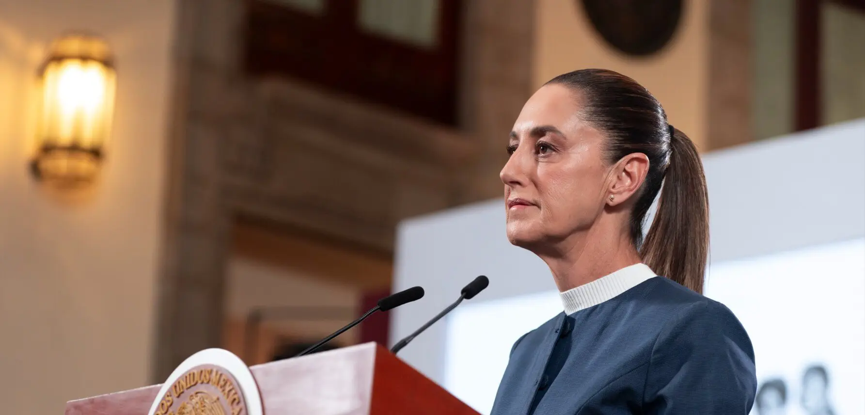 Woman with ponytail delivering speech at podium