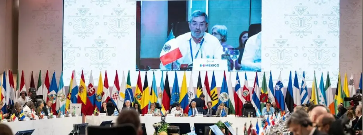 International summit delegates with numerous national flags
