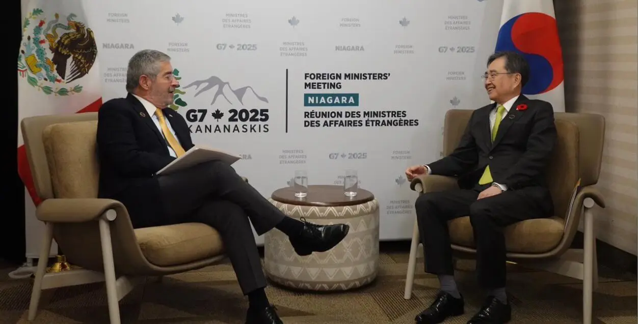 Seated diplomats in formal meeting with flags