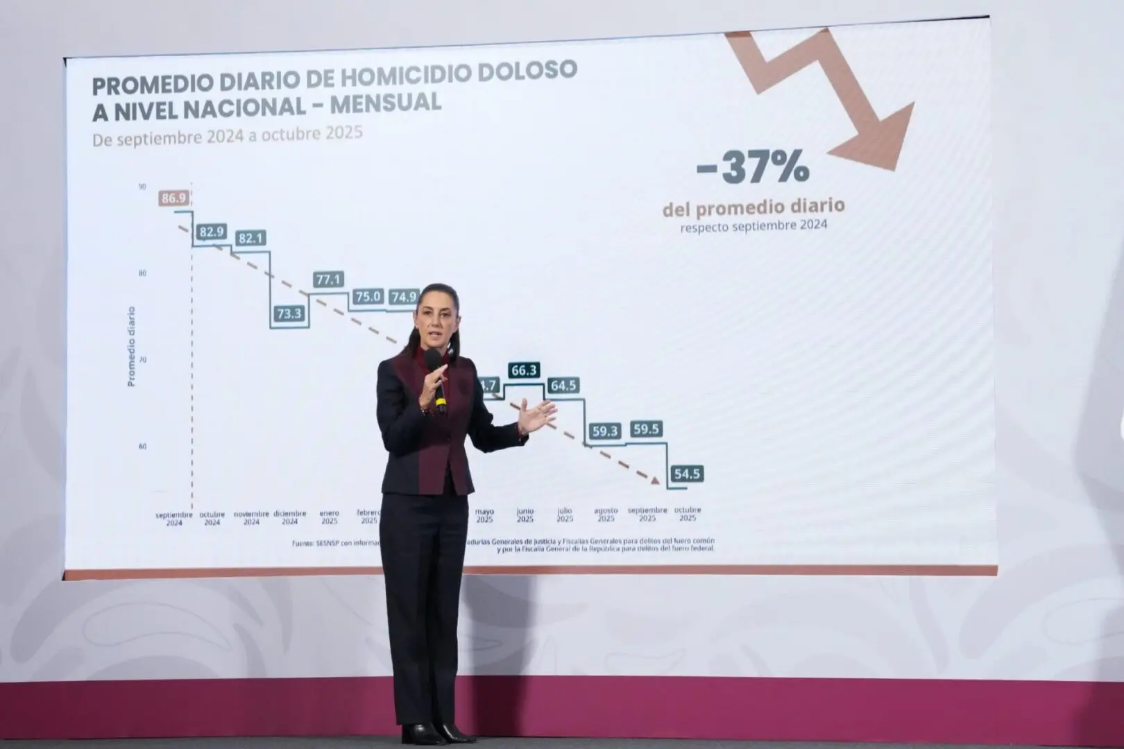 Woman presenter stands before declining homicide chart