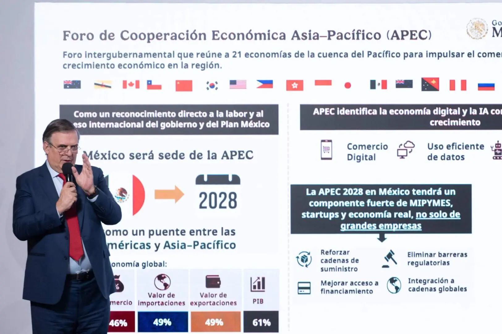 Presenter speaking beside APEC 2028 infographic