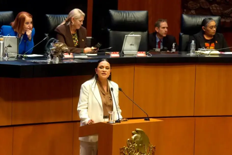Woman speaking at legislative podium