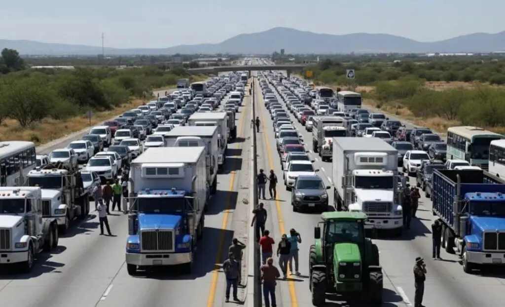 Large truck convoy blocking highway with pedestrians