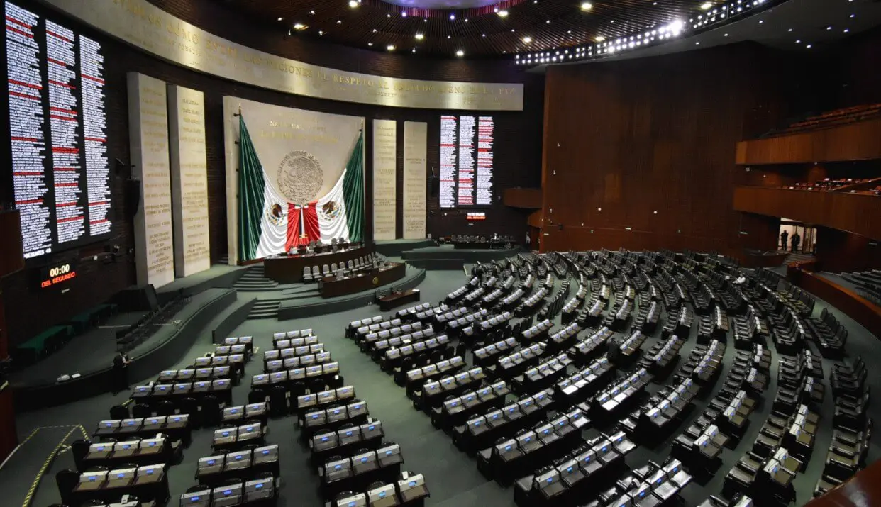 Empty Mexican Congress chamber with national flag
