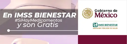 Banner institucional con el mensaje “En IMSS Bienestar #SíHayMedicamentos y son gratis”, acompañado del escudo nacional y el logotipo del Gobierno de México y del IMSS Bienestar.