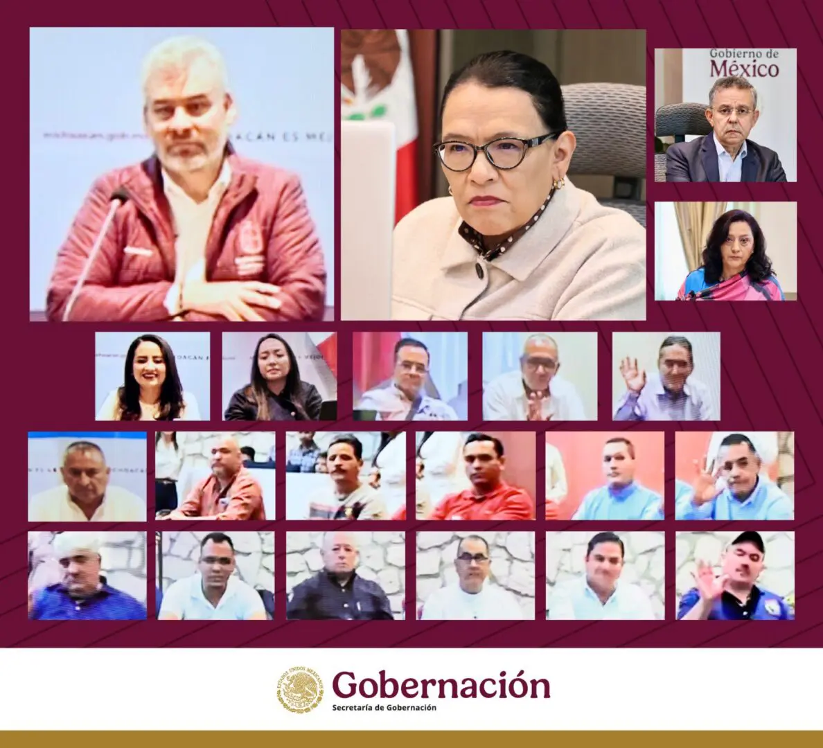 Collage of government officials in virtual meeting.