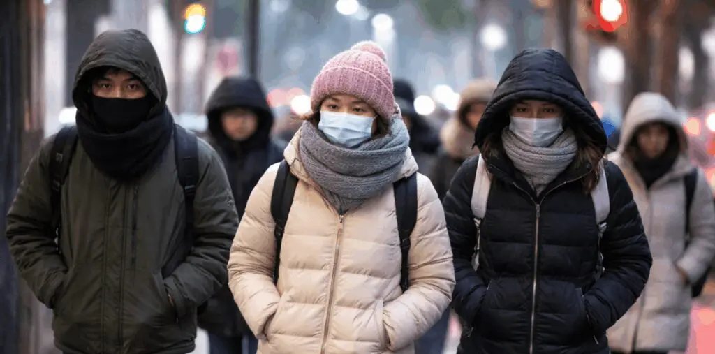 Personas caminan abrigadas por el descenso de temperatura generado por el frente frío 24