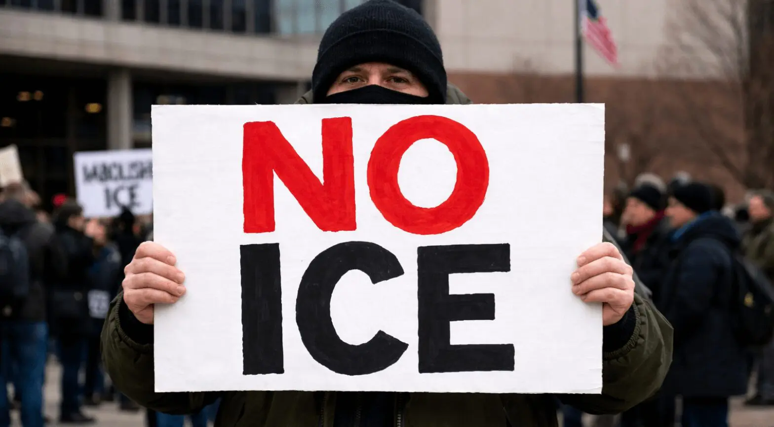 Ilustración generada con IA sobre protestas contra el ICE en Estados Unidos