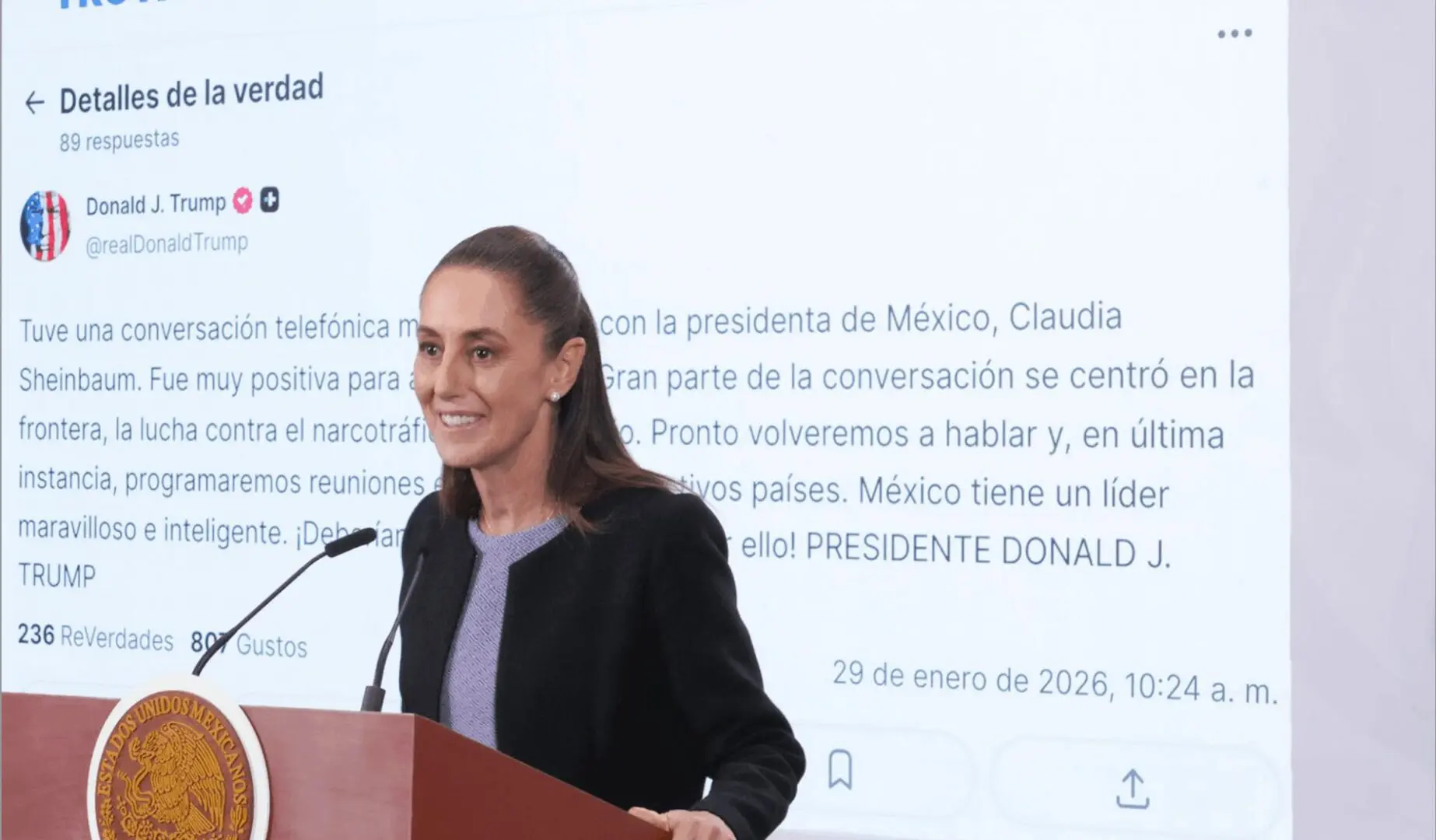 Sheinbaum durante conferencia en Palacio Nacional tras llamada con Trump