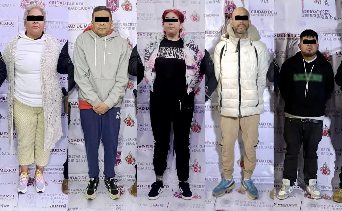 Five people with black bars against backdrop