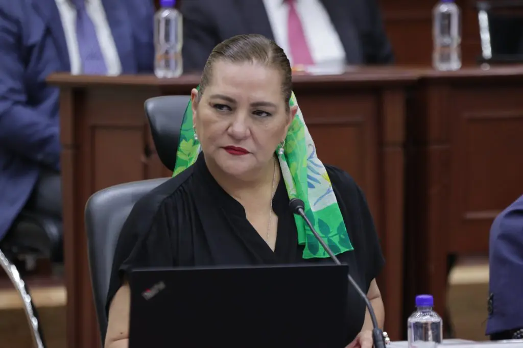 Mujer con toga en asamblea.