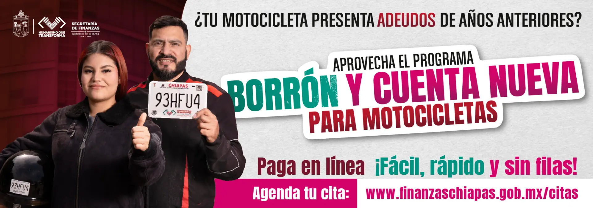 Programa “Borrón y Cuenta Nueva” para motocicletas en Chiapas que permite regularizar adeudos de años anteriores y pagar en línea.