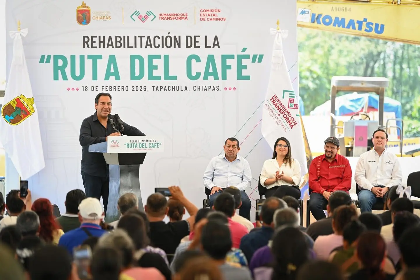 Gobernador Eduardo Ramírez Aguilar encabeza el arranque de la rehabilitación de la Ruta del Café durante evento en Tapachula, Chiapas