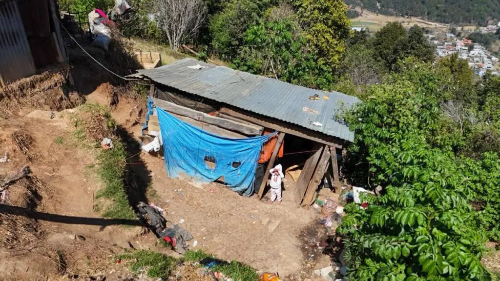 Niños viviendo en casa de cartón con techo de lámina en la colonia Selva Natividad 1, San Cristóbal de las Casas, Chiapas