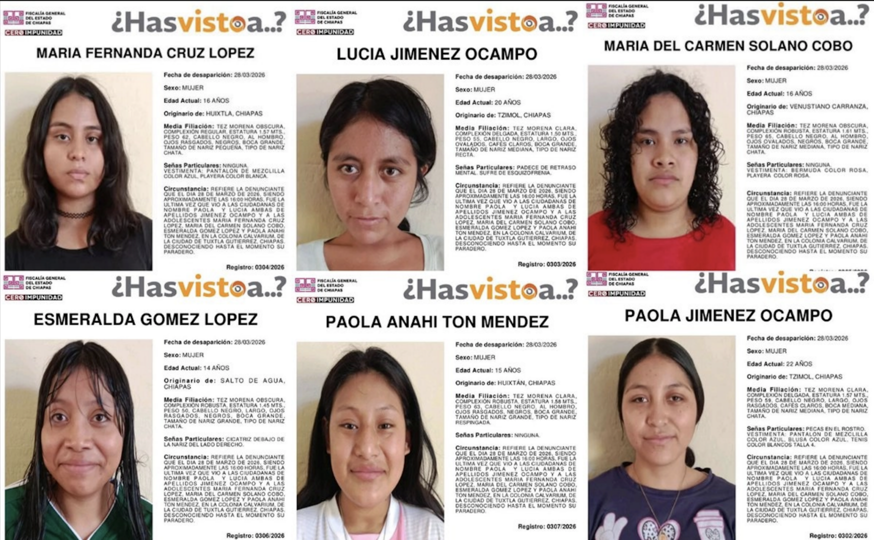 Fichas emitidas por la Fiscalía de Chiapas de seis jóvenes mujeres