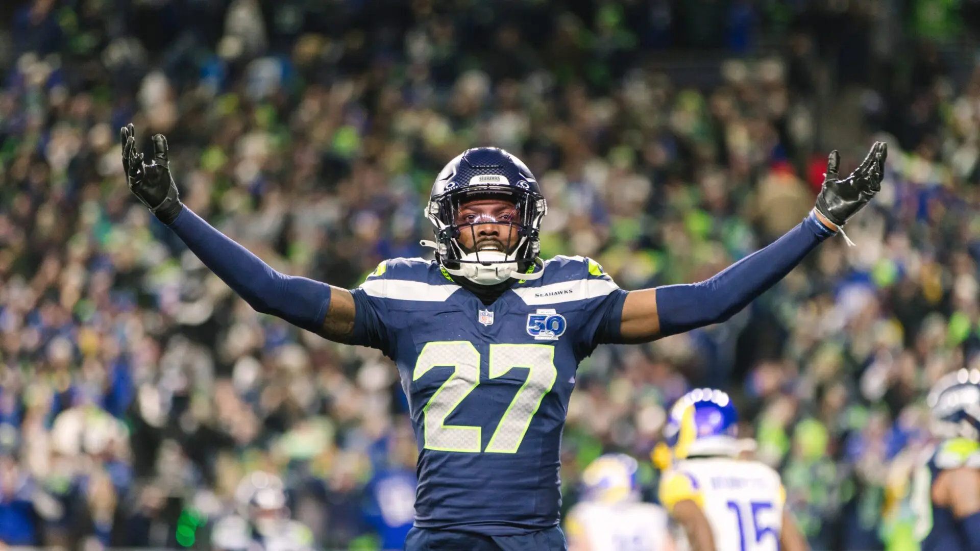 Jugador de los Seahawks celebra en un partido.