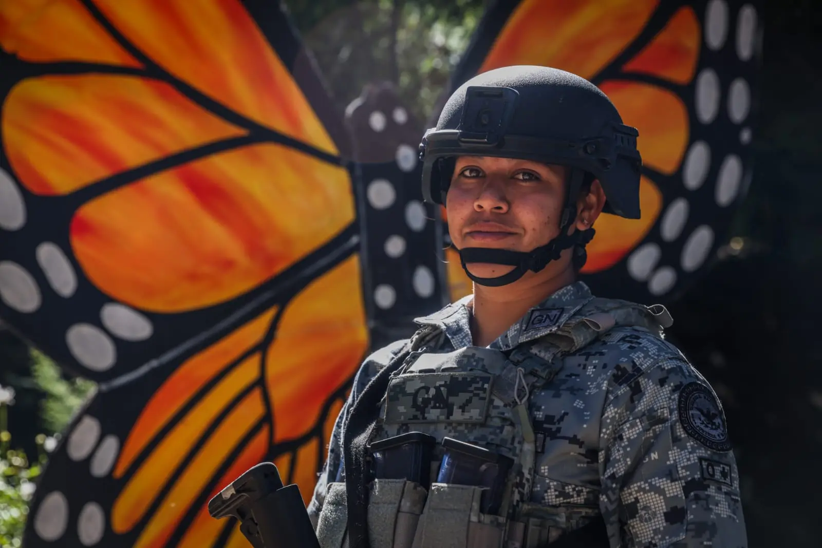 Elemento de la GN frente a figura de mariposa.