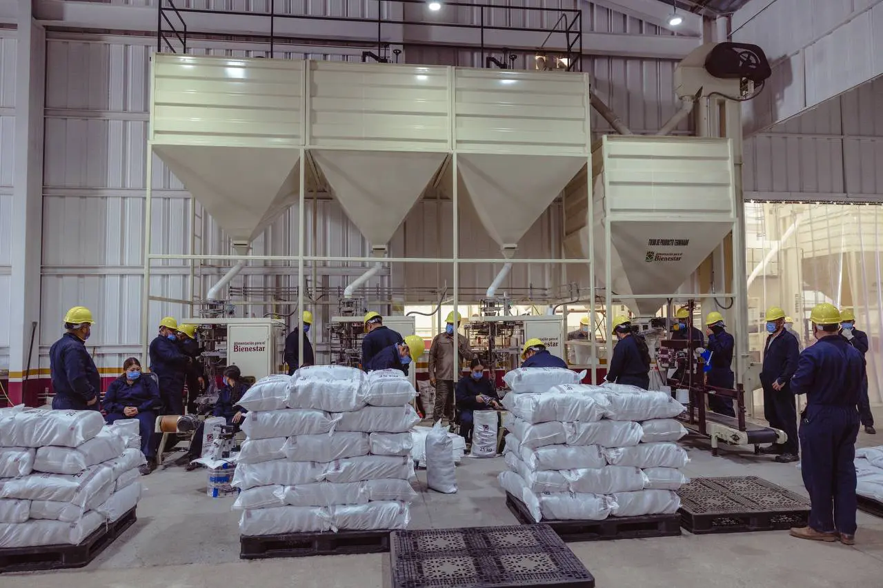 Trabajadores en planta junto a empaques de frijol en Zacatecas