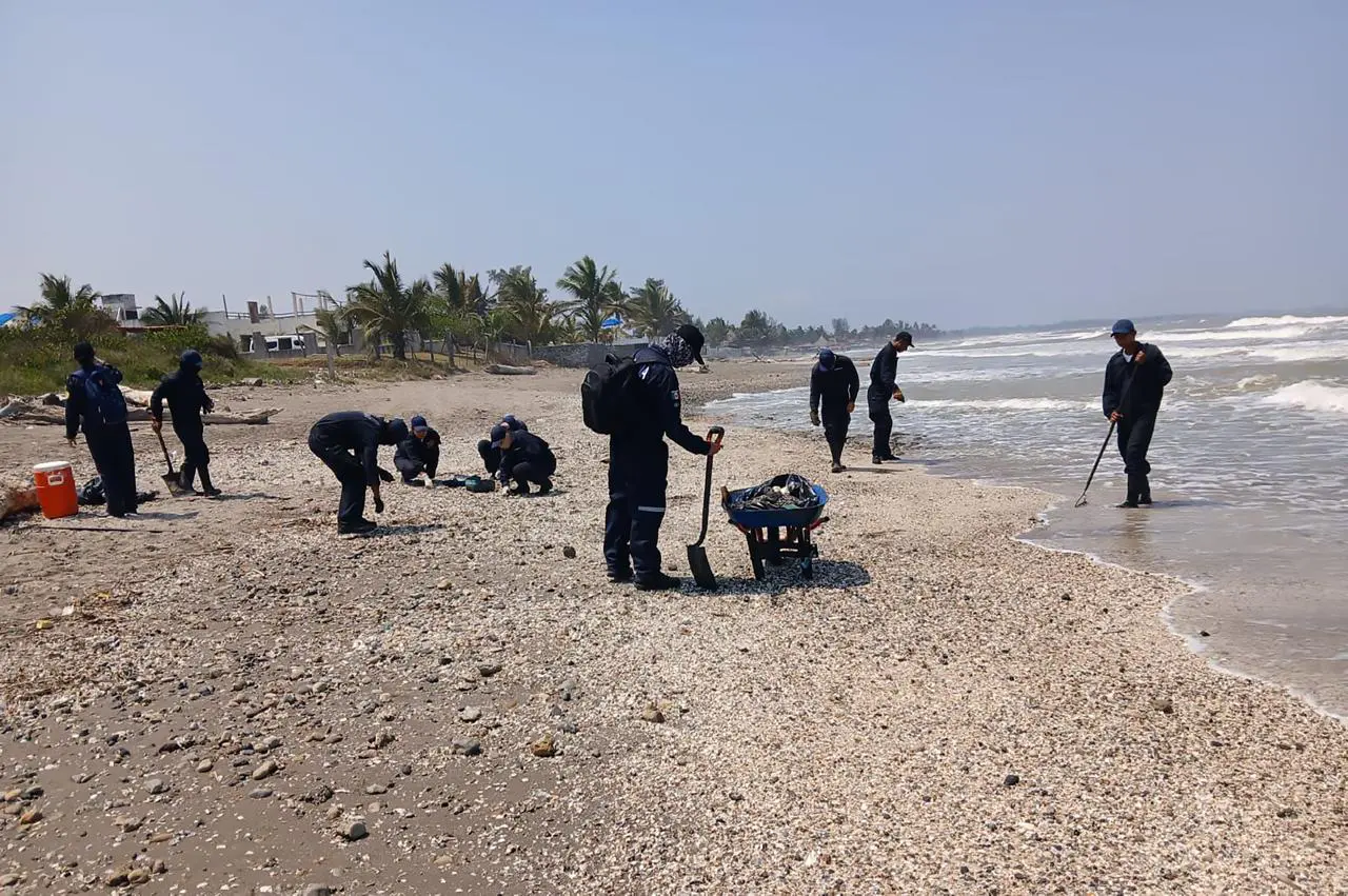 Elementos del GI limpian las playas contaminadas por hidrocarburo por instrucciones de Sheinbaum