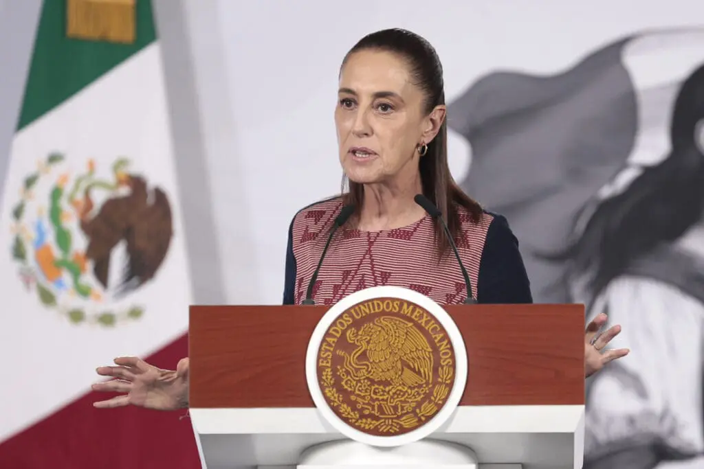 Woman delivering formal address beside flag