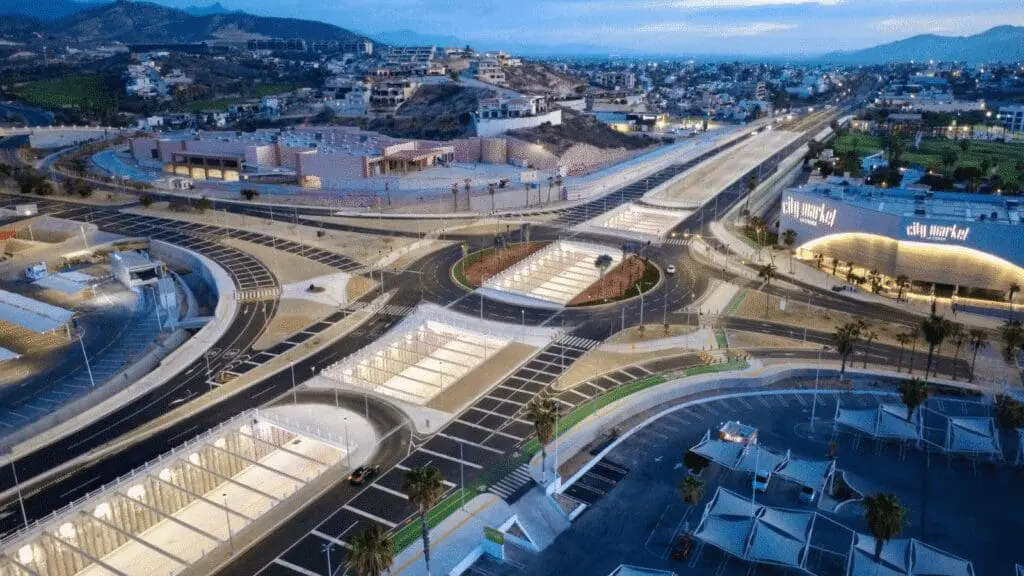 Aerial view of modern highway interchange at dusk