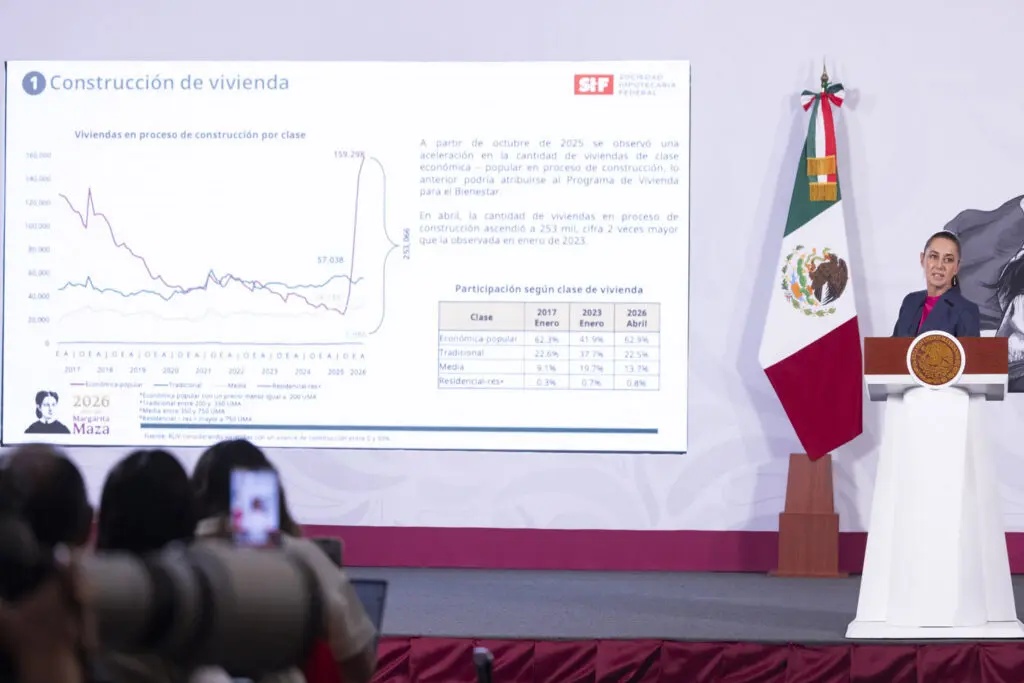 Presenter beside Mexican flag presenting construction data