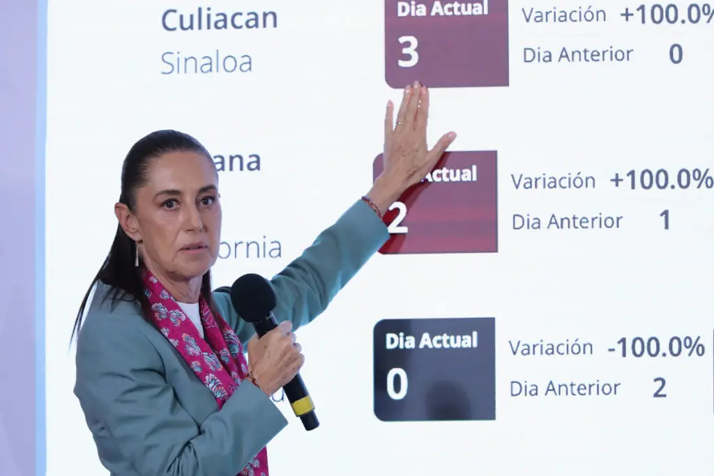 Woman presenter pointing at data on screen