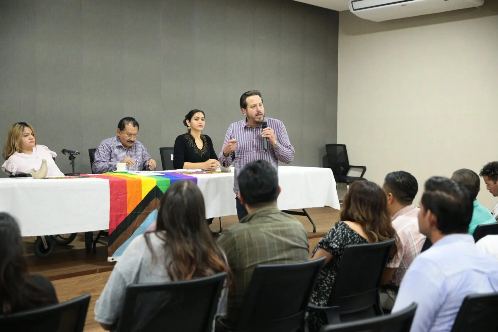 Speaker addressing audience at panel with pride flag